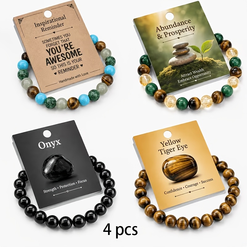 4pc Obsidian Tiger Eye Stone Texture Bracelet Set, Wealth